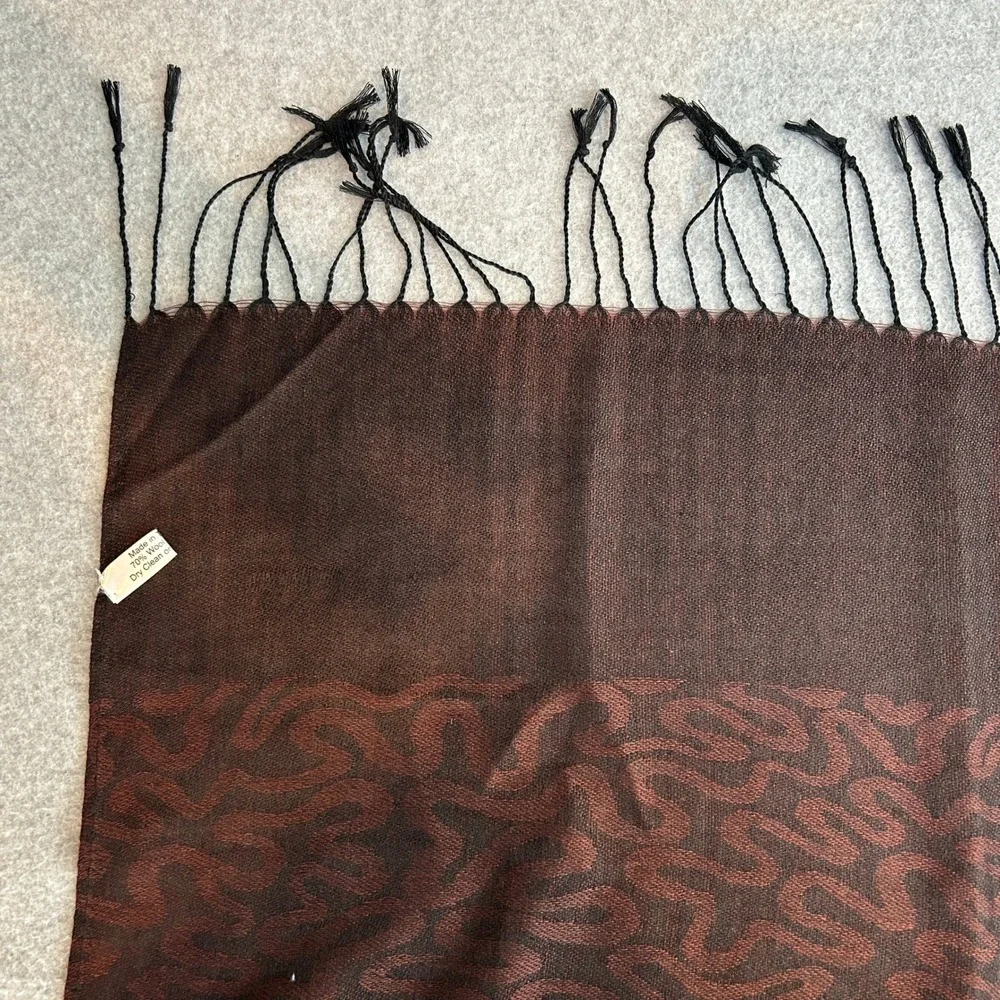 Wool Silk Blend Scarf Wrap Burgundy Black Abstract Doodle Squiggle Artsy Fringe